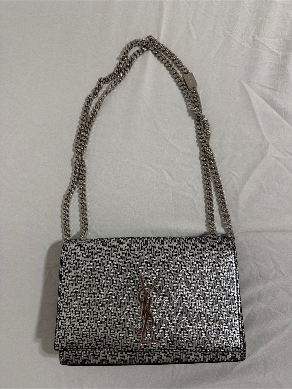 Saint Laurent Silver Black Woven Monogram Crossbody Bag - Picture 3 of 4